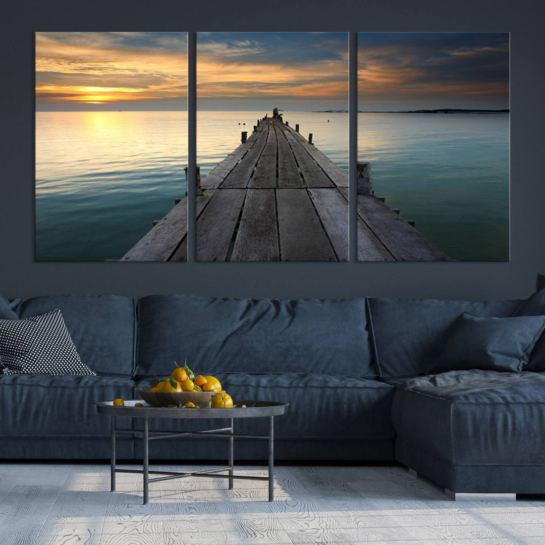 Large Wall Art Canvas Wooden Pier on Glassy Sea at Sunset