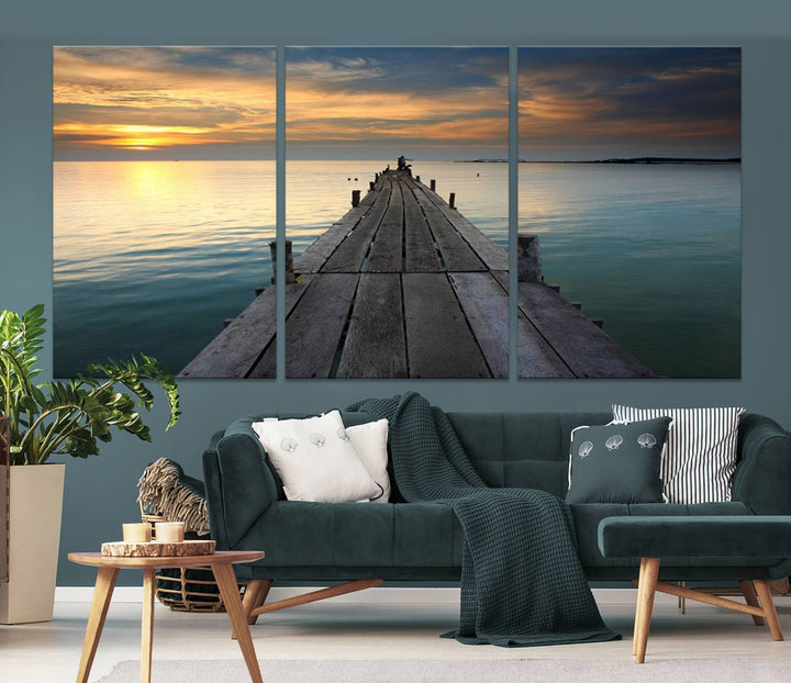 Large Wall Art Canvas Wooden Pier on Glassy Sea at Sunset