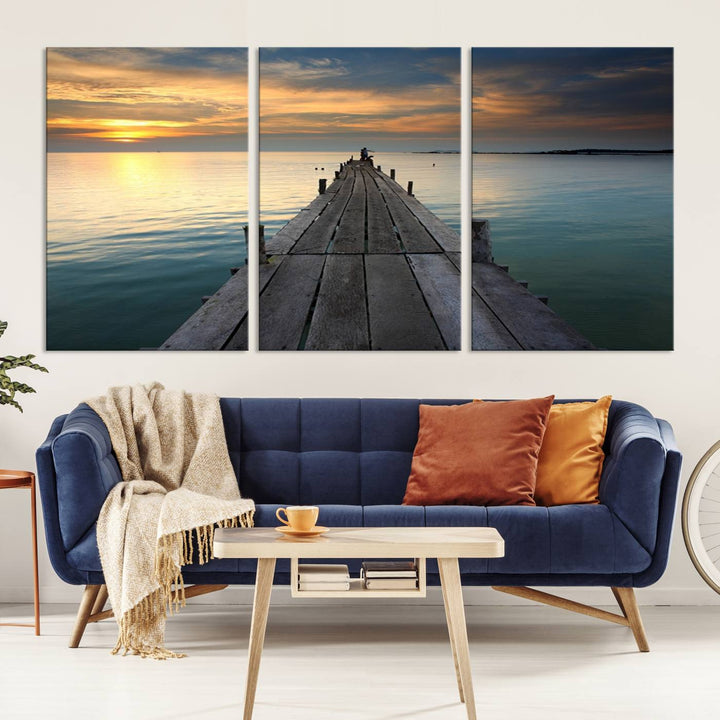 Large Wall Art Canvas Wooden Pier on Glassy Sea at Sunset