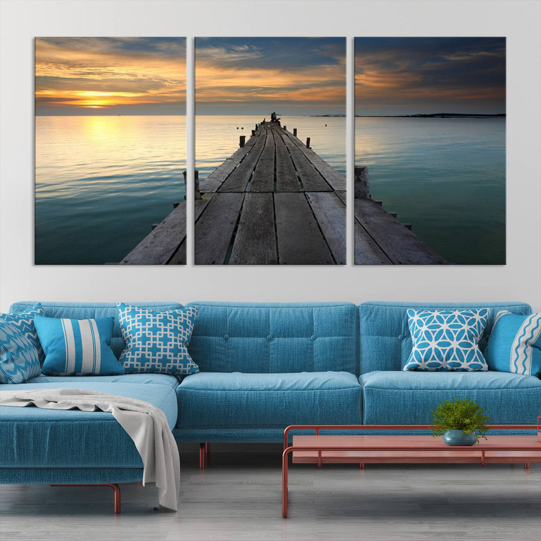 Large Wall Art Canvas Wooden Pier on Glassy Sea at Sunset