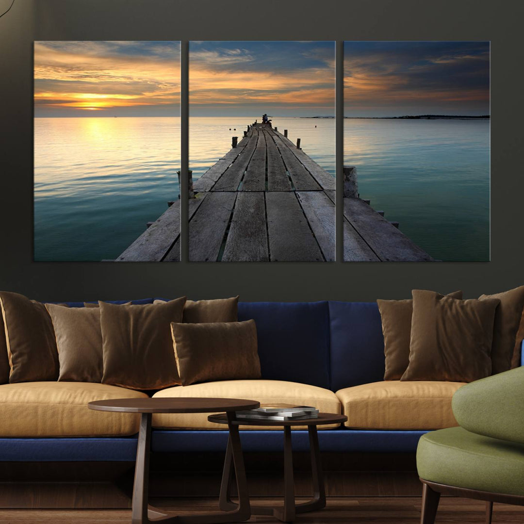 Large Wall Art Canvas Wooden Pier on Glassy Sea at Sunset