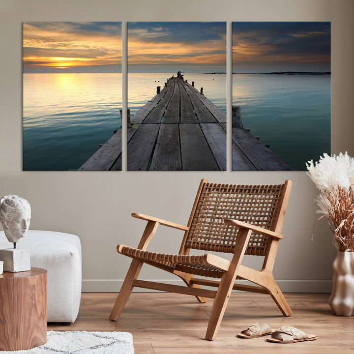 Large Wall Art Canvas Wooden Pier on Glassy Sea at Sunset