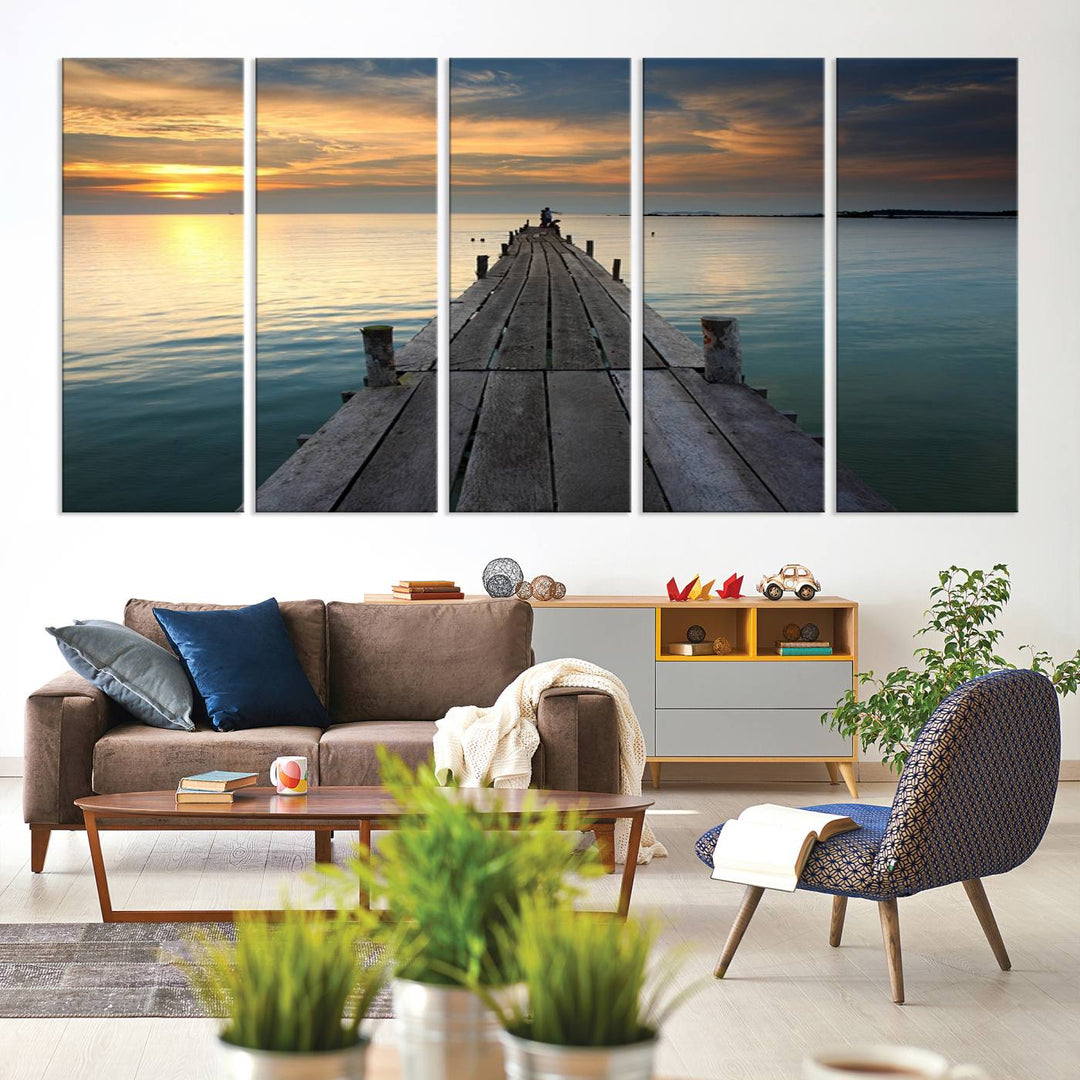 Large Wall Art Canvas Wooden Pier on Glassy Sea at Sunset