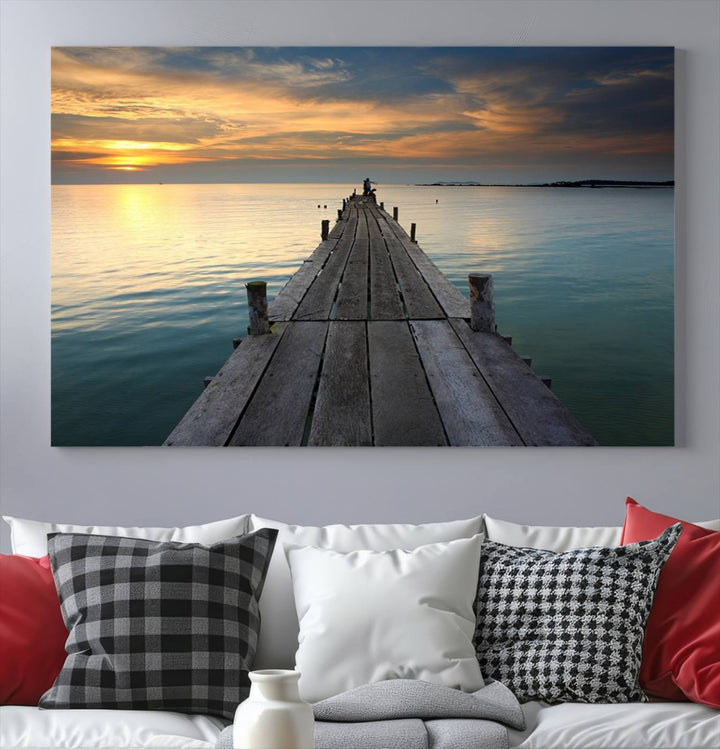 Large Wall Art Canvas Wooden Pier on Glassy Sea at Sunset