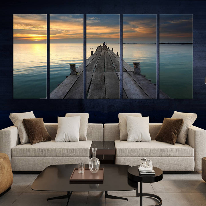 Large Wall Art Canvas Wooden Pier on Glassy Sea at Sunset