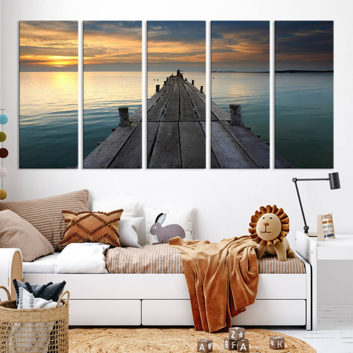 Large Wall Art Canvas Wooden Pier on Glassy Sea at Sunset