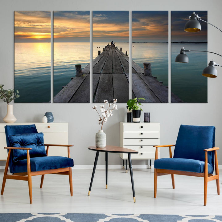 Large Wall Art Canvas Wooden Pier on Glassy Sea at Sunset