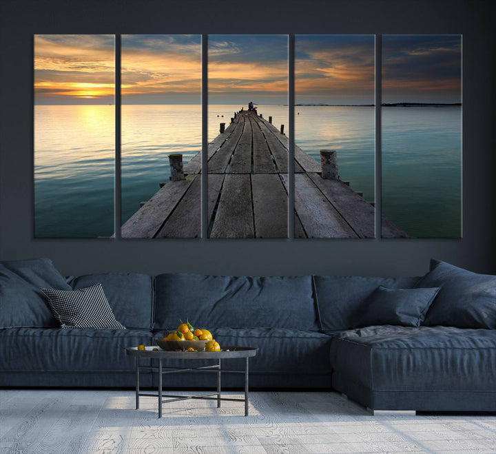 Large Wall Art Canvas Wooden Pier on Glassy Sea at Sunset