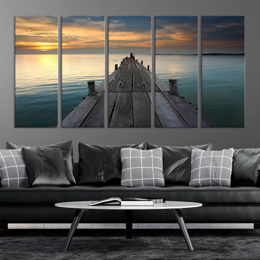 Large Wall Art Canvas Wooden Pier on Glassy Sea at Sunset