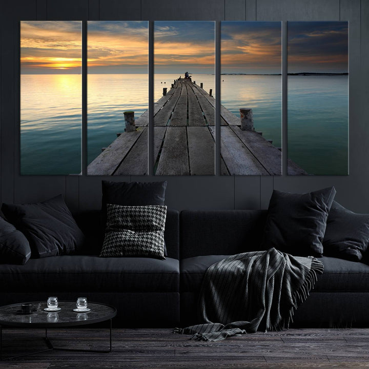 Large Wall Art Canvas Wooden Pier on Glassy Sea at Sunset