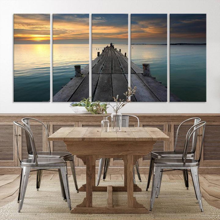 Large Wall Art Canvas Wooden Pier on Glassy Sea at Sunset