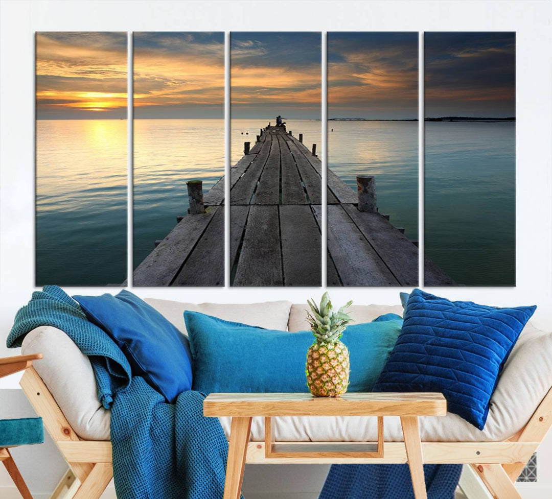 Large Wall Art Canvas Wooden Pier on Glassy Sea at Sunset