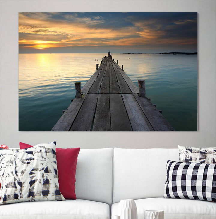 Large Wall Art Canvas Wooden Pier on Glassy Sea at Sunset