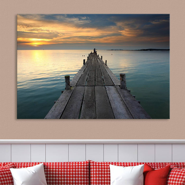 Large Wall Art Canvas Wooden Pier on Glassy Sea at Sunset