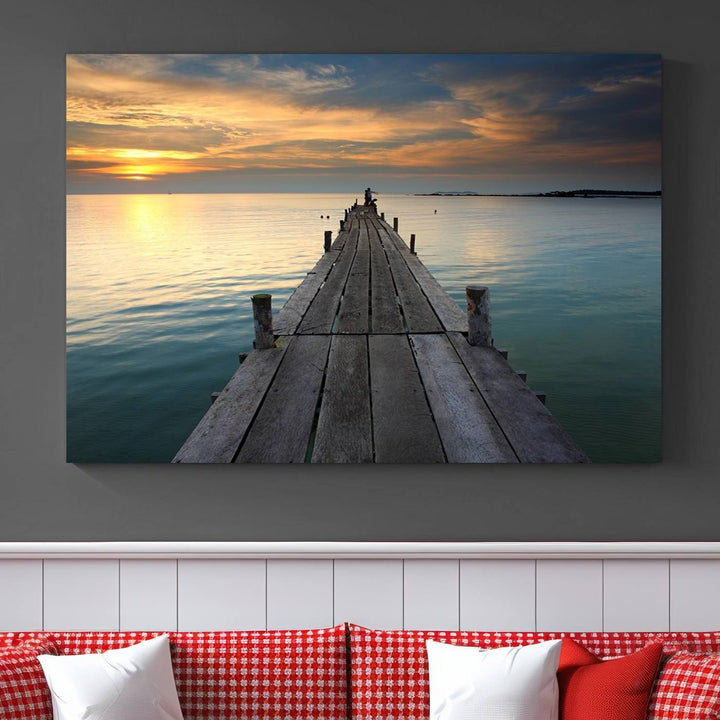 Large Wall Art Canvas Wooden Pier on Glassy Sea at Sunset