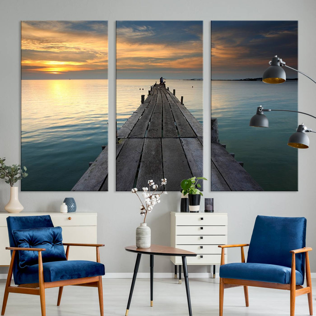 Large Wall Art Canvas Wooden Pier on Glassy Sea at Sunset