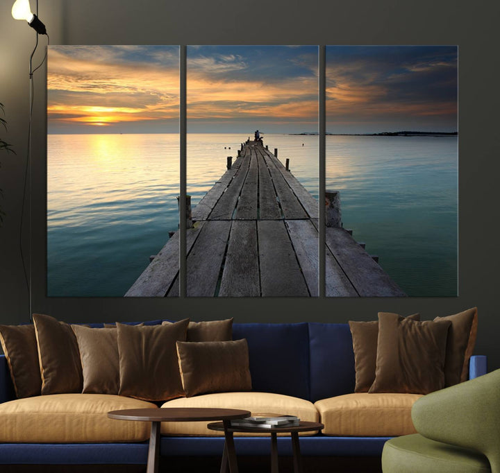 Large Wall Art Canvas Wooden Pier on Glassy Sea at Sunset