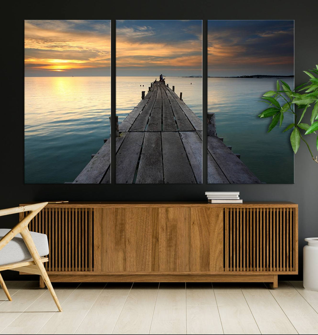 Large Wall Art Canvas Wooden Pier on Glassy Sea at Sunset