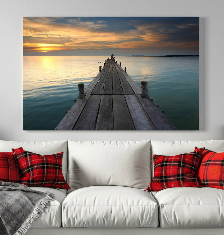 Large Wall Art Canvas Wooden Pier on Glassy Sea at Sunset