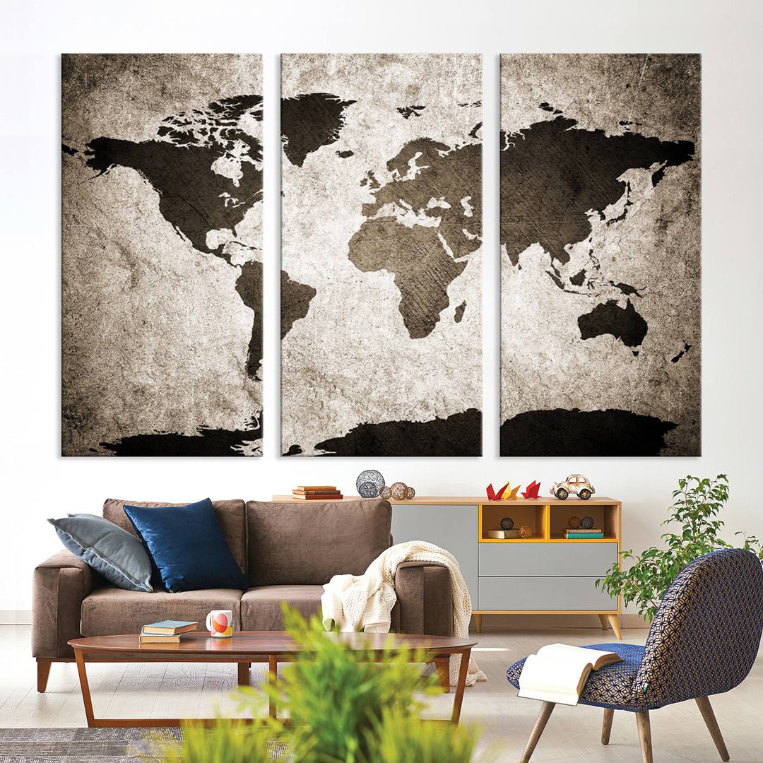 Large Wall Art Dark World Map on Light Background Canvas Print