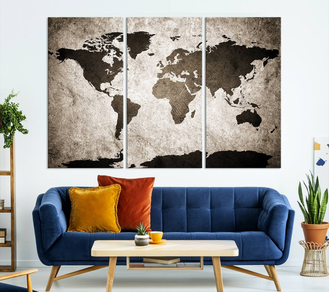 Large Wall Art Dark World Map on Light Background Canvas Print