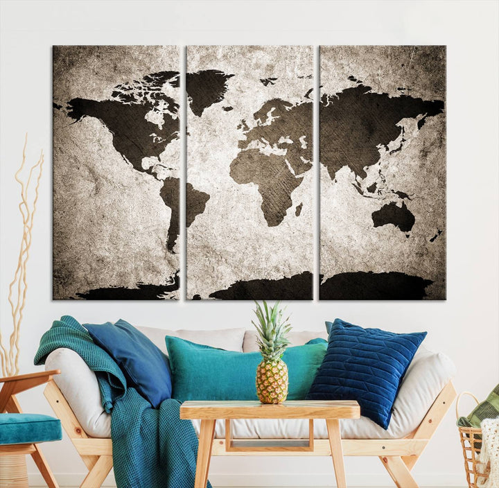 Large Wall Art Dark World Map on Light Background Canvas Print