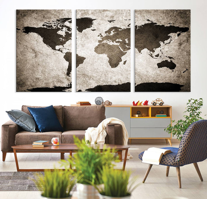 Large Wall Art Dark World Map on Light Background Canvas Print