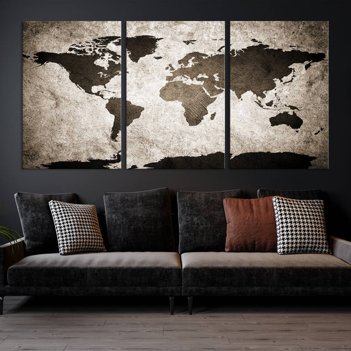 Large Wall Art Dark World Map on Light Background Canvas Print