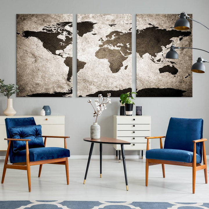 Large Wall Art Dark World Map on Light Background Canvas Print