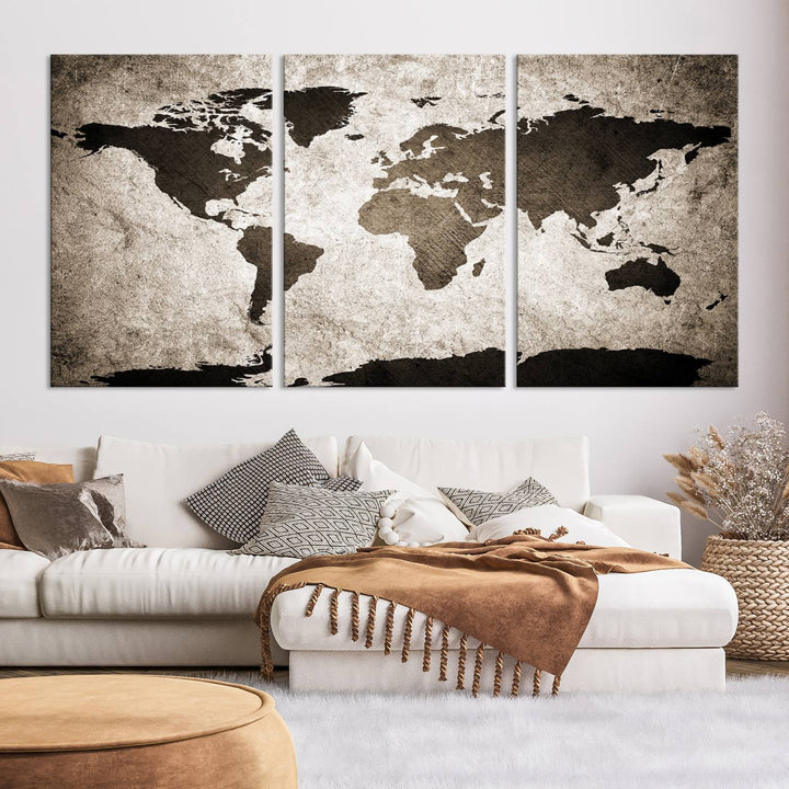 Large Wall Art Dark World Map on Light Background Canvas Print