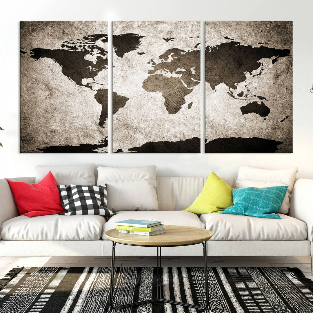 Large Wall Art Dark World Map on Light Background Canvas Print