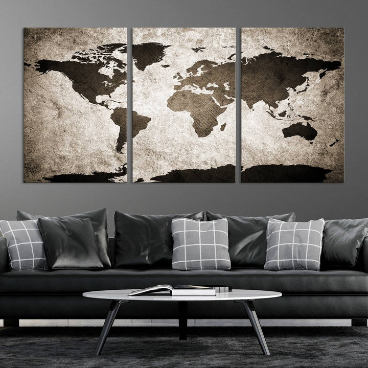 Large Wall Art Dark World Map on Light Background Canvas Print