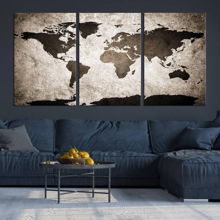 Large Wall Art Dark World Map on Light Background Canvas Print