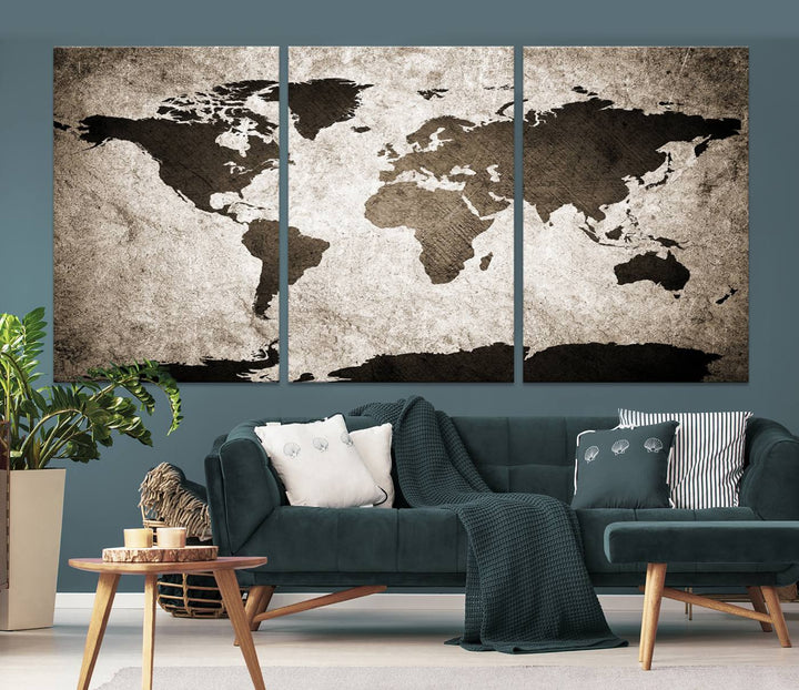 Large Wall Art Dark World Map on Light Background Canvas Print