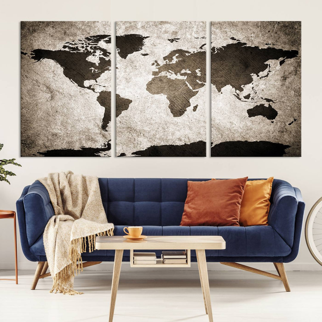 Large Wall Art Dark World Map on Light Background Canvas Print