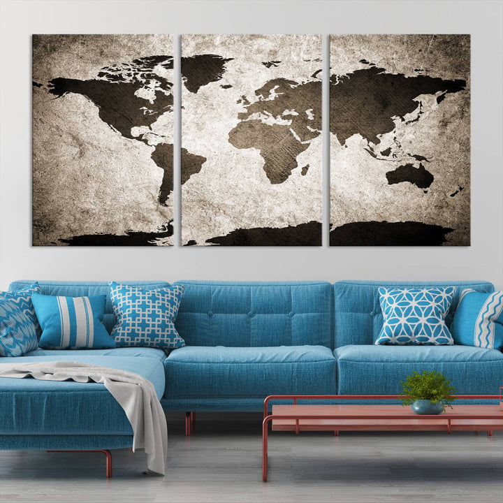 Large Wall Art Dark World Map on Light Background Canvas Print