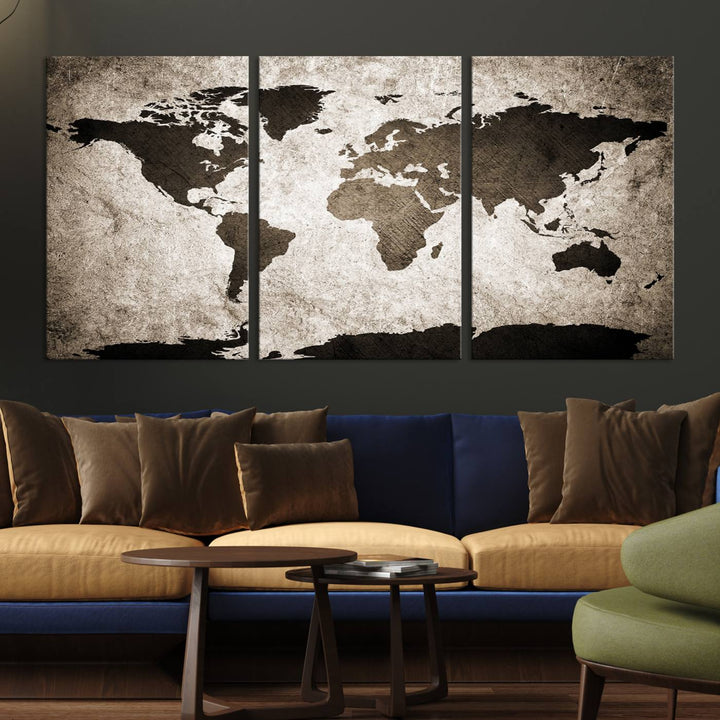 Large Wall Art Dark World Map on Light Background Canvas Print