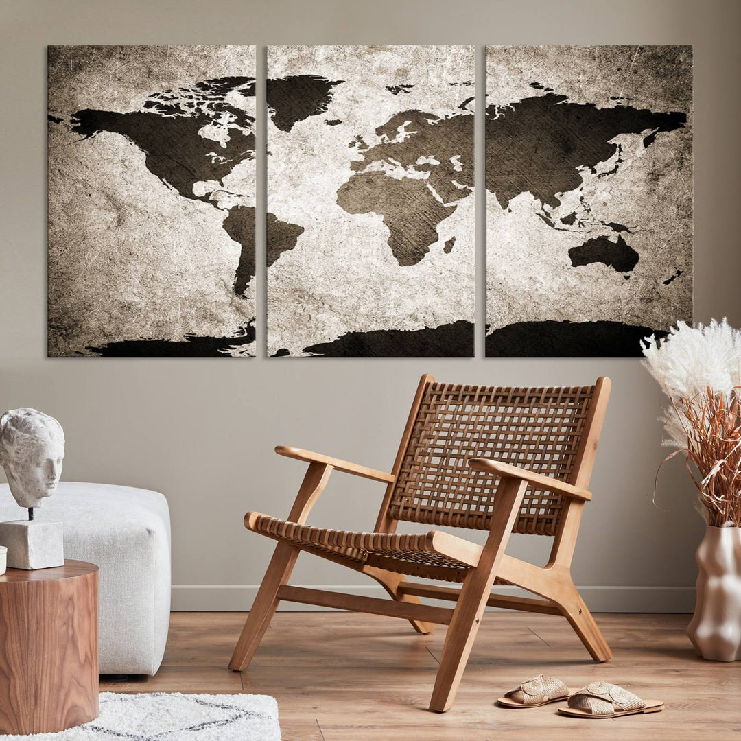 Large Wall Art Dark World Map on Light Background Canvas Print