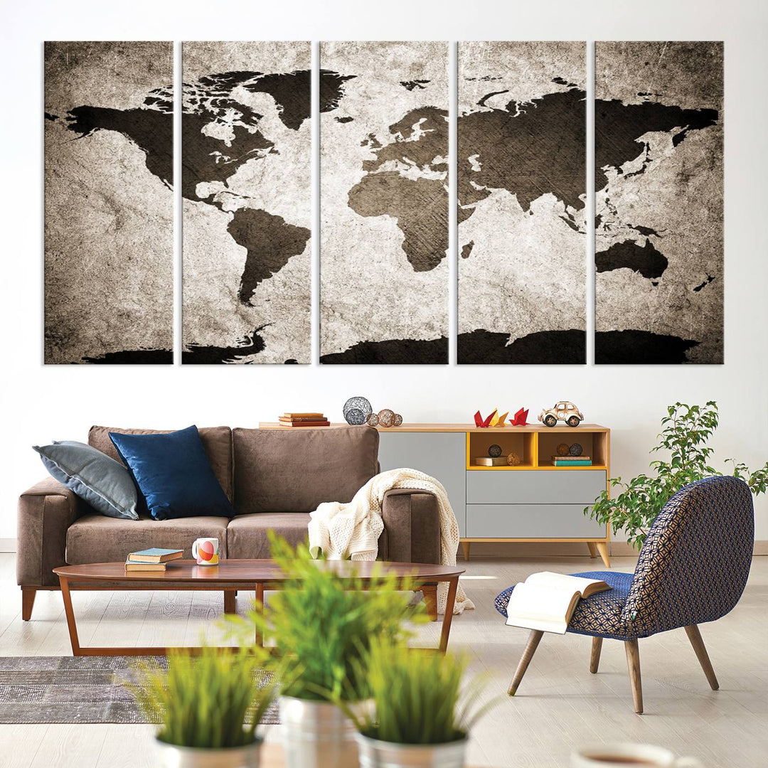 Large Wall Art Dark World Map on Light Background Canvas Print