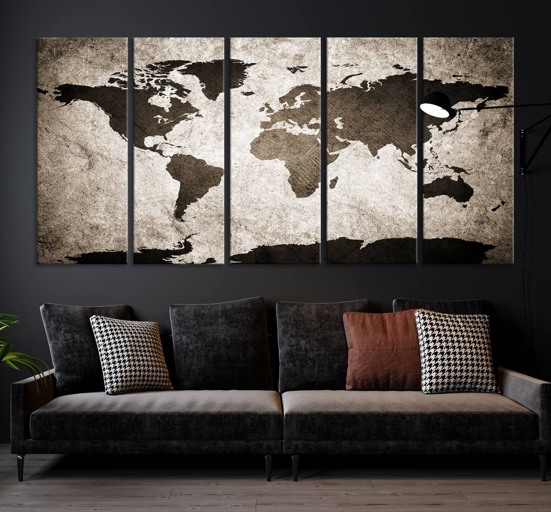 Large Wall Art Dark World Map on Light Background Canvas Print