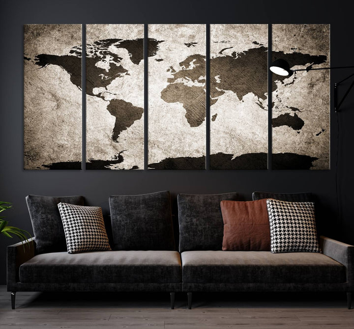 Large Wall Art Dark World Map on Light Background Canvas Print