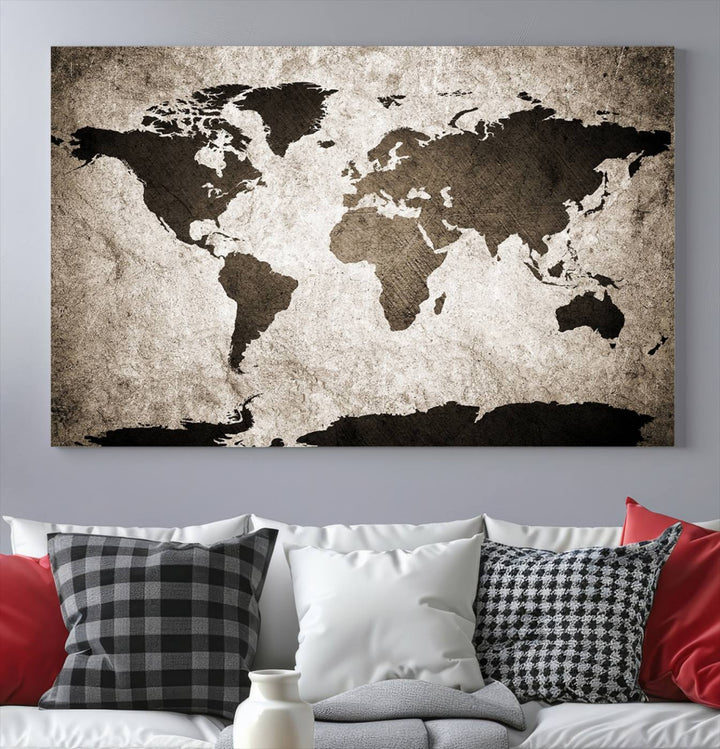 Large Wall Art Dark World Map on Light Background Canvas Print