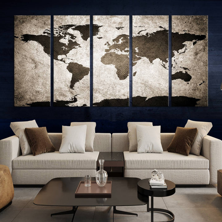 Large Wall Art Dark World Map on Light Background Canvas Print