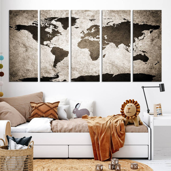 Large Wall Art Dark World Map on Light Background Canvas Print