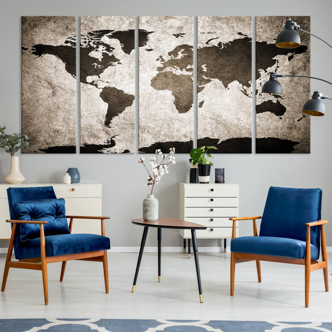 Large Wall Art Dark World Map on Light Background Canvas Print