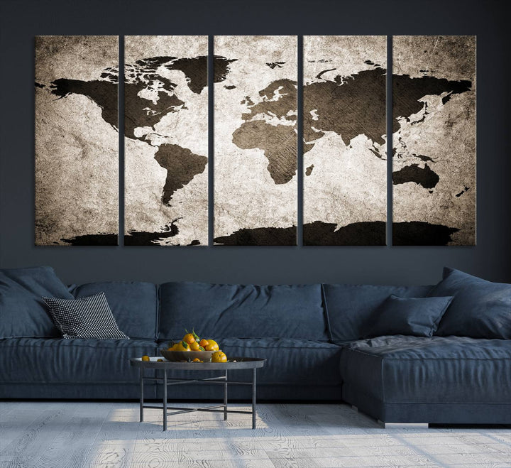 Large Wall Art Dark World Map on Light Background Canvas Print