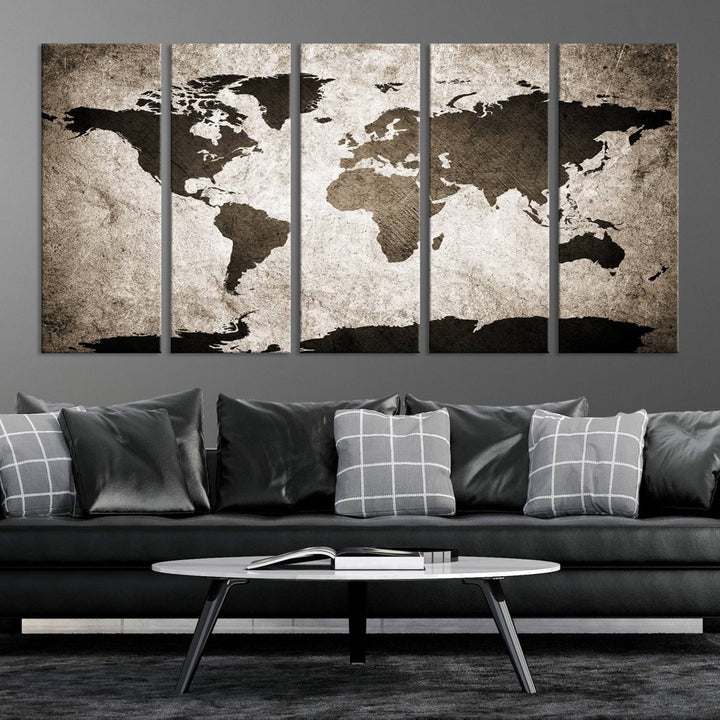 Large Wall Art Dark World Map on Light Background Canvas Print