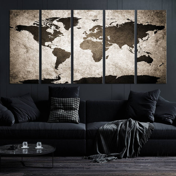 Large Wall Art Dark World Map on Light Background Canvas Print