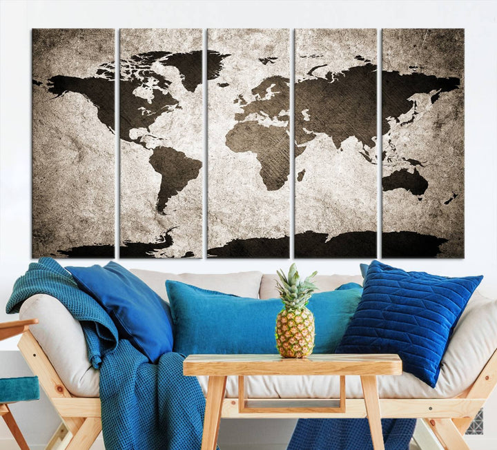 Large Wall Art Dark World Map on Light Background Canvas Print