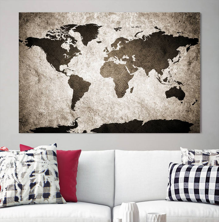 Large Wall Art Dark World Map on Light Background Canvas Print